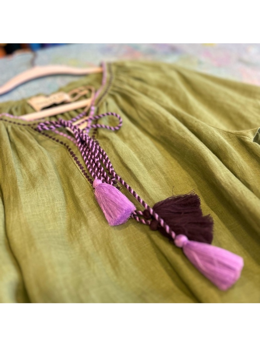 Boho Olive Green Embroidered Maxi Dress with Zigzag Belt - Picture 6 of 9